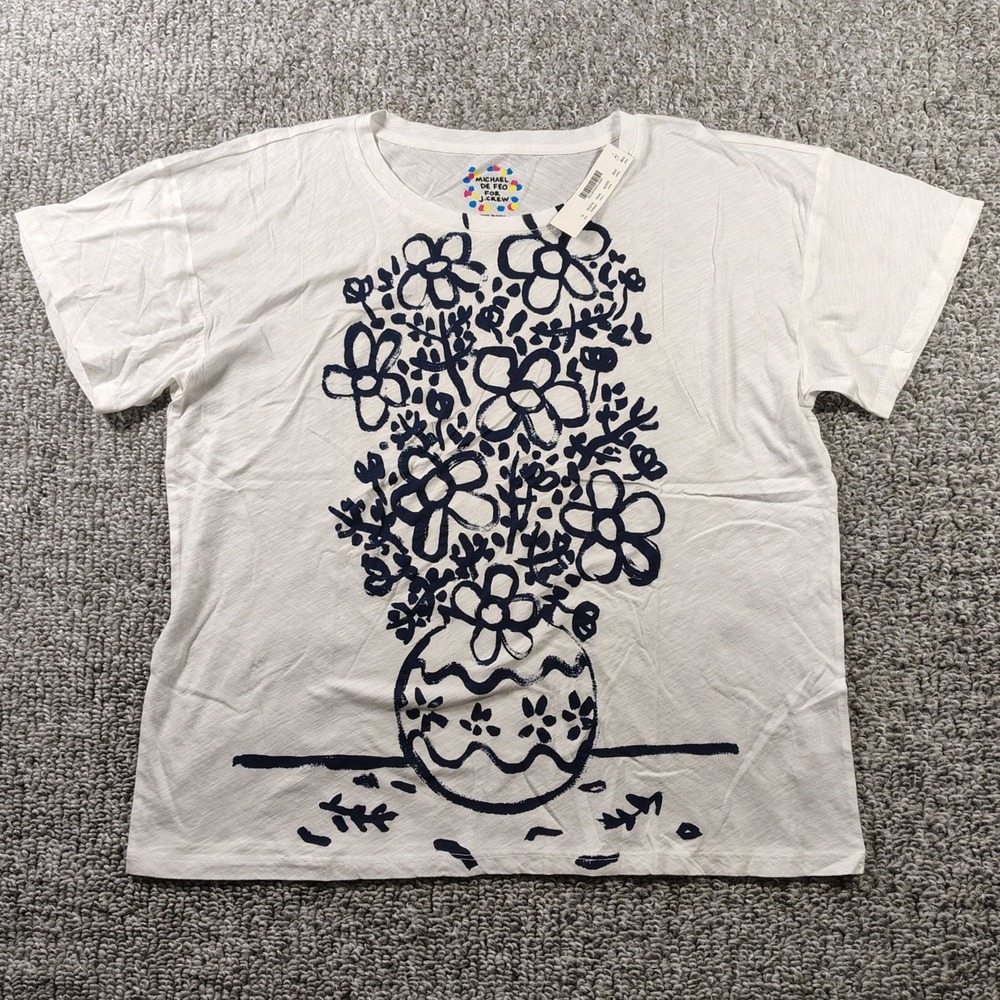 J.Crew Michael De Feo Floral Graphic Tee White Cottagecore Slub Cotton Women XL